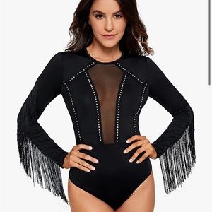 Fringe Long Sleeve Mesh Bodysuit